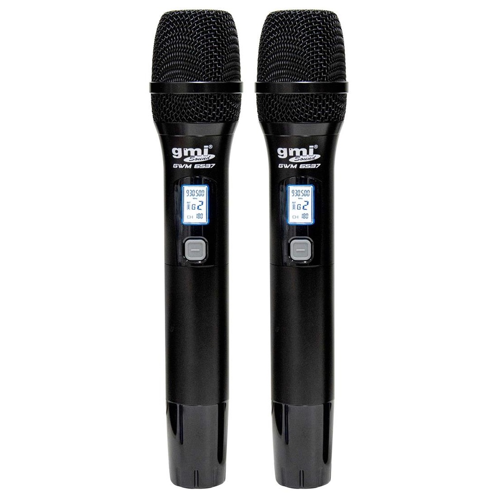 Micrófono Inalambrico Gmi Sound Multifrecuencia Doble UHF Perfomance, con base receptora digital, alimentador tipo C 5V, incluido adaptador 12V, 2 pilas AA, estuche tipo maleta, alcance 50 metros alrededor 