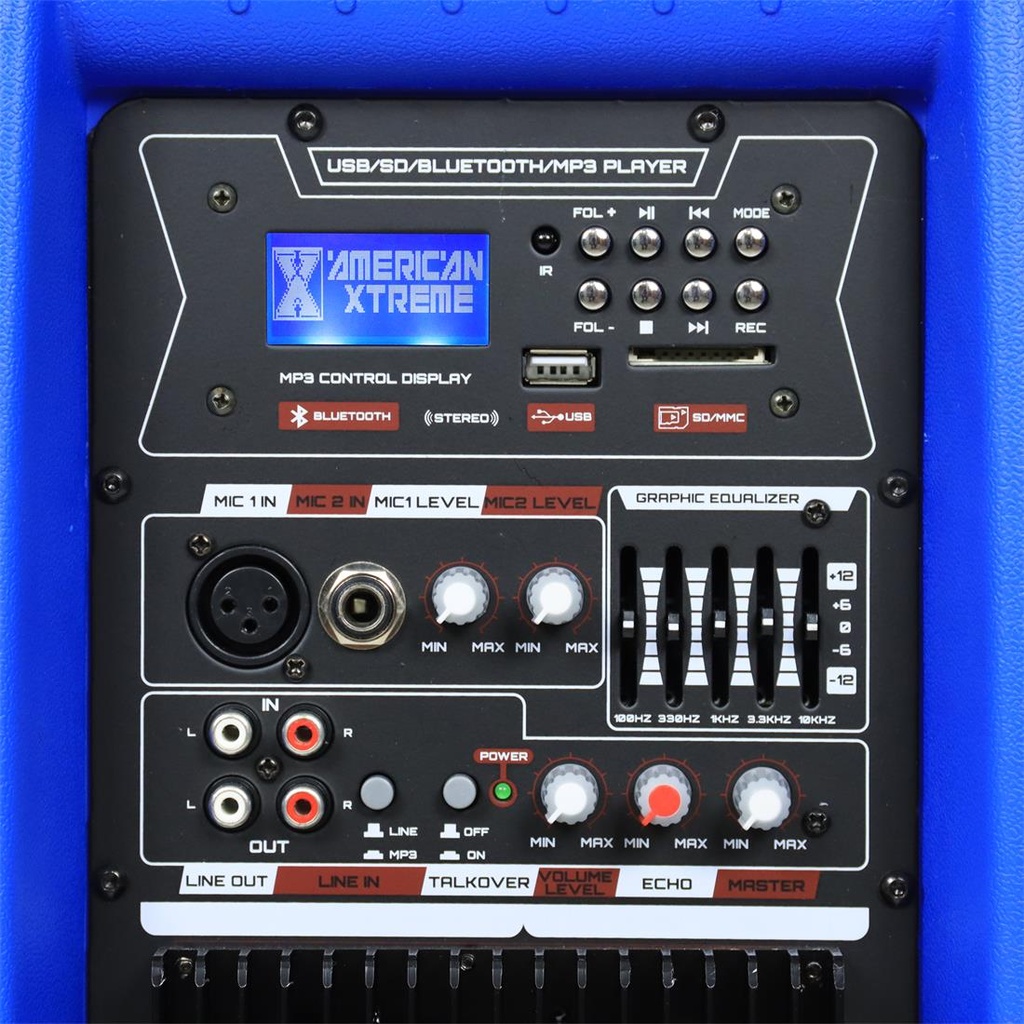 Caja Amplificadora American Xtreme 15 pulgadas 100.000 Wattios, con luz Led, puerto USB, SD reproductor FM, MP3, Bluetooth, incluye pedestal, micrófono con cable, control remoto, color azul