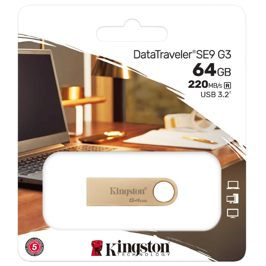 Flash Memory Kingston DataTraveler SE9 G3 Metalica, 64GB; Usb 3.2 Gen 1; lectura hasta 220MB/s, escritura 100MB/s, dorada