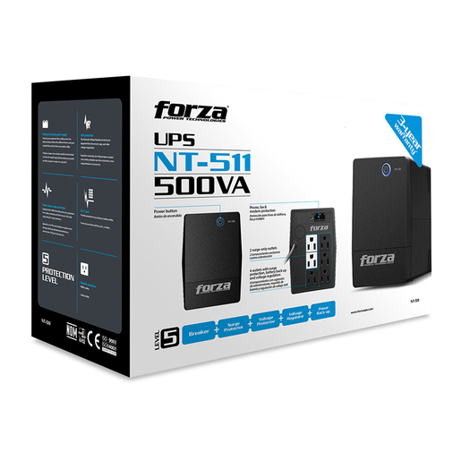 UPS Forza NT-511 Interactiva 750VA/375W, 6 salidas, RJ11, torre comp-120V, 25 minutos de respaldo