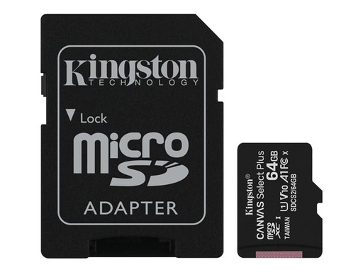 [MSDKINGSTON03] Tarjeta de Memoria Kingston Canvas Select Plus MicroSDXC UHS-I, 64Gb; E10Mb/s, L45Mb/s; Clase 10, incluido adaptador SD