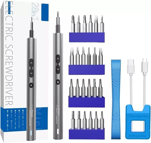 [KITDESTOELEC28EN1] Juego de destornilladores de precision eléctrico 28 en 1 recargable tipo C, magnetizador herramientas de reparación para computadora portátil, telefonos inteligentes, consolas gamer