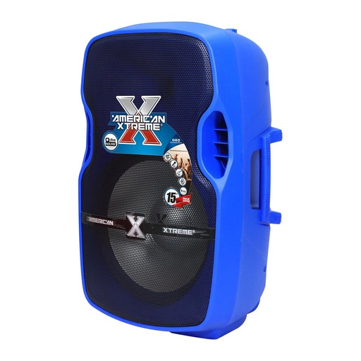 Caja Amplificadora American Xtreme 15 pulgadas 100.000 Wattios, con luz Led, puerto USB, SD reproductor FM, MP3, Bluetooth, incluye pedestal, micrófono con cable, control remoto