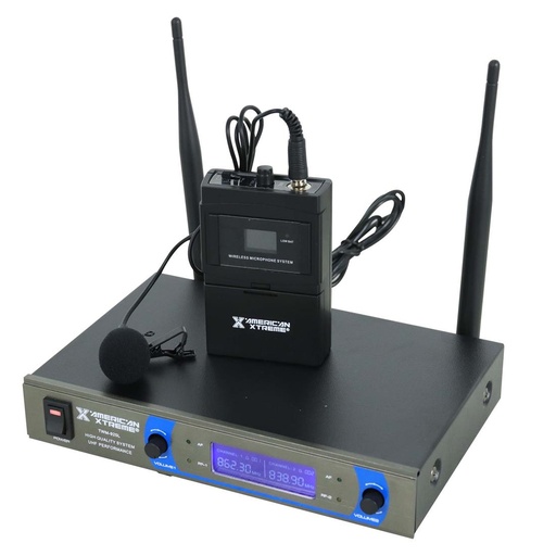 [TWM925L] Micrófono Inalambrico Corbata American Xtreme Doble UHF Perfomance con base receptora digital, incluido adaptador 12V, 2 pilas AA, alcance 30 metros aproximadamente