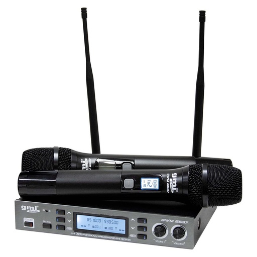 [GWM6537] Micrófono Inalambrico Gmi Sound Multifrecuencia Doble UHF Perfomance, con base receptora digital, alimentador tipo C 5V, incluido adaptador 12V, 2 pilas AA, estuche tipo maleta, alcance 50 metros alrededor 