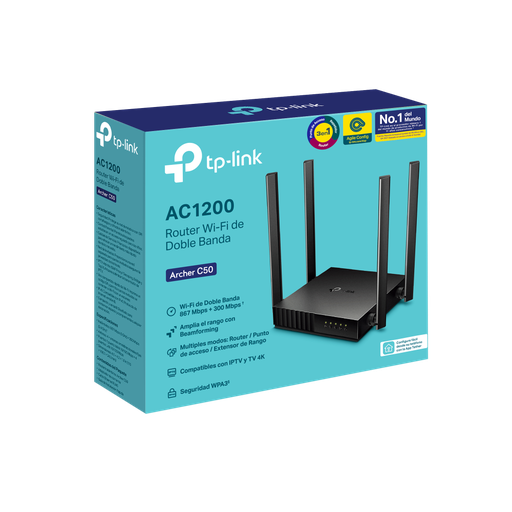[RIACC1200C50] Router Inalámbrico TP-Link Archer C50 AC1200, 4 antenas, Dual Band 300Mbps 2.4GHz / 867Mbps 5.0GHz, 4 puertos LAN, 1 puerto WAN, control parental IPV6, Multimodo 3en1 (WISP-AP-EXT)