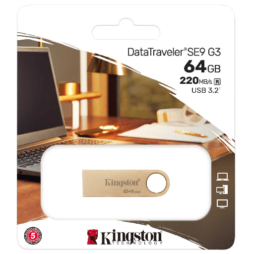[FMKINGSDTSE9G364GB] Flash Memory Kingston DataTraveler SE9 G3 Metalica, 64GB; Usb 3.2 Gen 1; lectura hasta 220MB/s, escritura 100MB/s, dorada