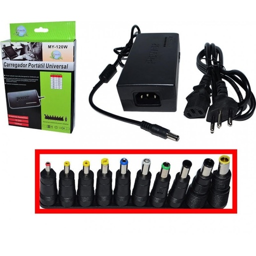 [CHARGERLAPUNI] Cargador para laptop universal MY-120W, 12-24V/ 2.31A- 6.0A, 10 pines plug regulación manual 