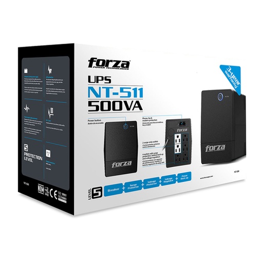 [UPSFORZANT511] UPS Forza NT-511 Interactiva 500VA/250W, 6 salidas, RJ11, torre comp-120V, 18 minutos de respaldo, OC_DM0425151