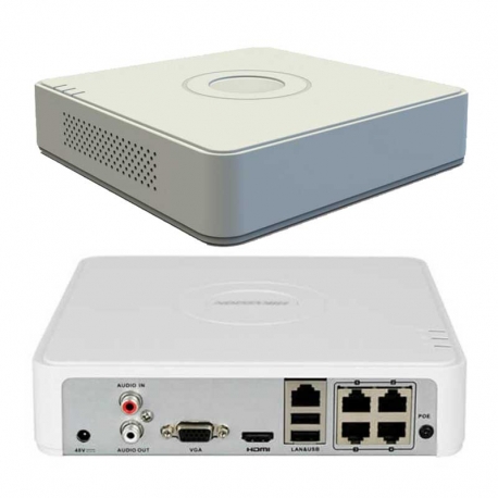 [NVRHVISIONDS7104NIQ14P] NVR HikVision DS-7104NI-Q1/4P;  4 canales mini PoE, H.265+, entrada de 1080P hasta 6MP, salida HDMI-VGA, 2 USB – soporta hasta 6TB disco duro (no incluye)