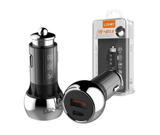 [CHARGERCARLDNIOC138W] Cargador Vehicular LDNIO C1 38W / 3.0A hasta 3.0A, 2 puertos de salida USB y tipo C, negro incluye cable 1 metro 