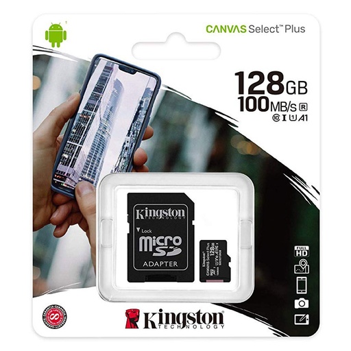 [MSDKINGSTON04] Tarjeta de Memoria Kingston Canvas Select Plus MicroSDXC UHS-I, 128Gb; E10Mb/s, L45Mb/s; Clase 10, incluido adaptador SD